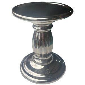 Silver Metal Shiny Round Candleholder 6" Tall (Brand Name Unknown-EUC)